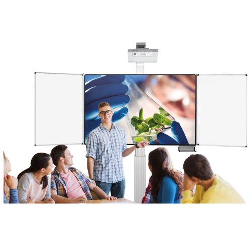 Produkt Bild Whiteboard deluxe 130 Tafel, mit Seitenflügeln, elektrisch höhenverstellbar, zur Wandmontage mit Bodenplatte 